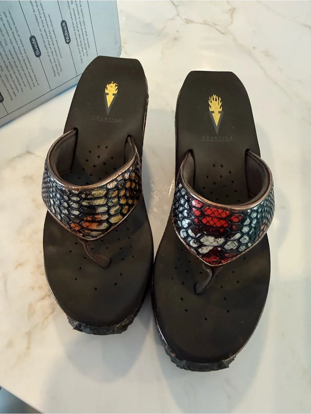 Volatile Metallic Brown and Red Snake-Print Wedge Platforms